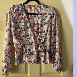 Guess Floral Wrap Blouse - Cream with Red and Blue